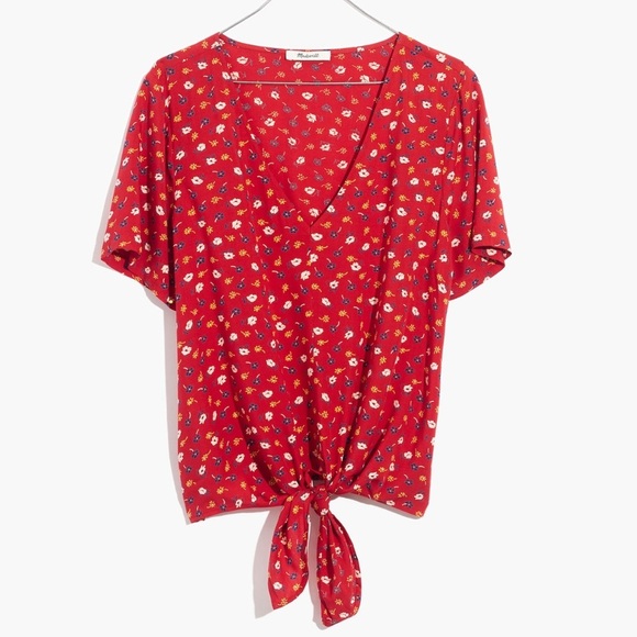 Madewell Novel Tie-Front Top in Red Prairie Posies Floral print Medium - Picture 4 of 13